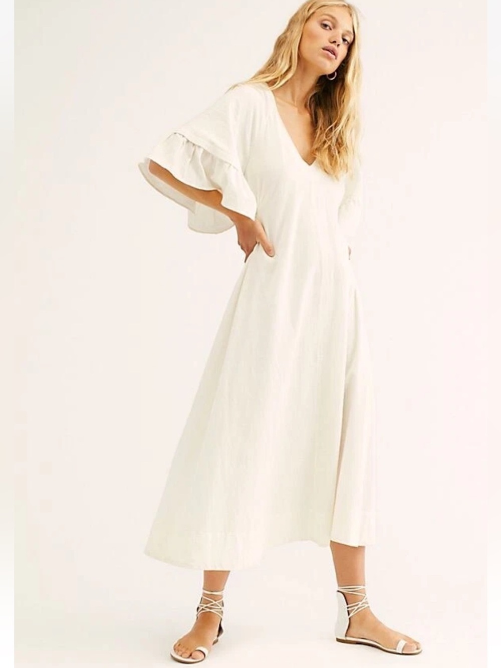 Free People Endless Summer What A Stunner Ruffle  Midi Dress Ivory XS NEW $98